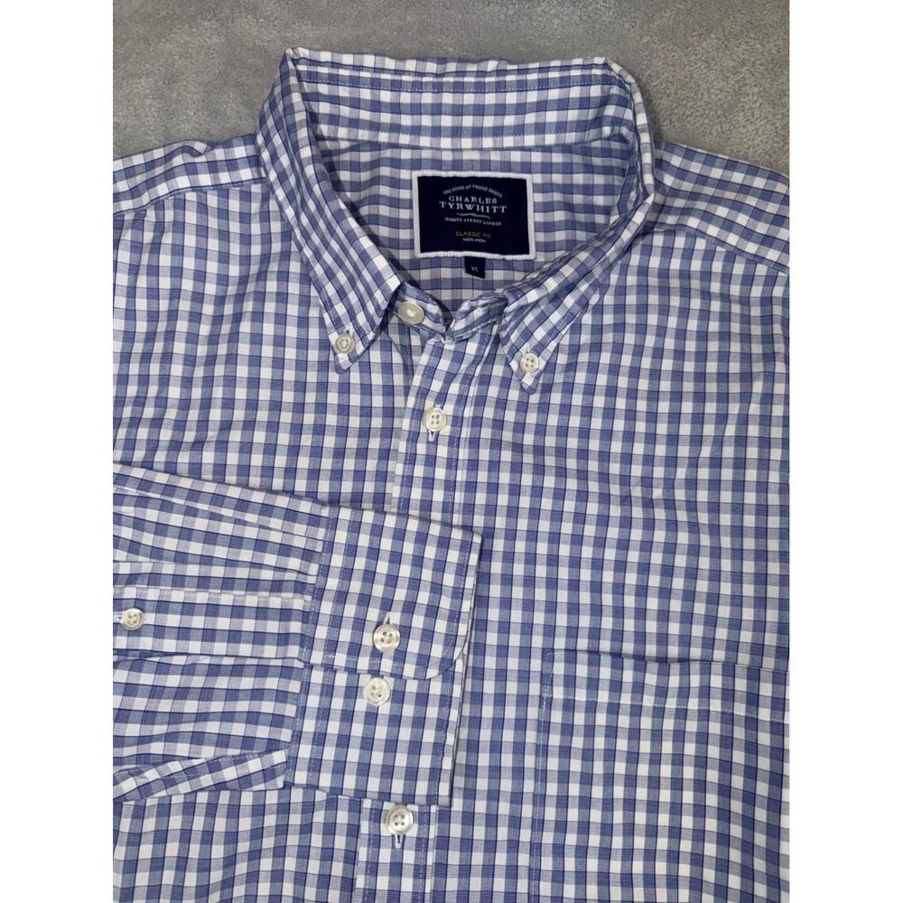 Charles Tyrwhitt Mens XL Blue Gingham Classic Fit Non-Iron Button Down Shirt